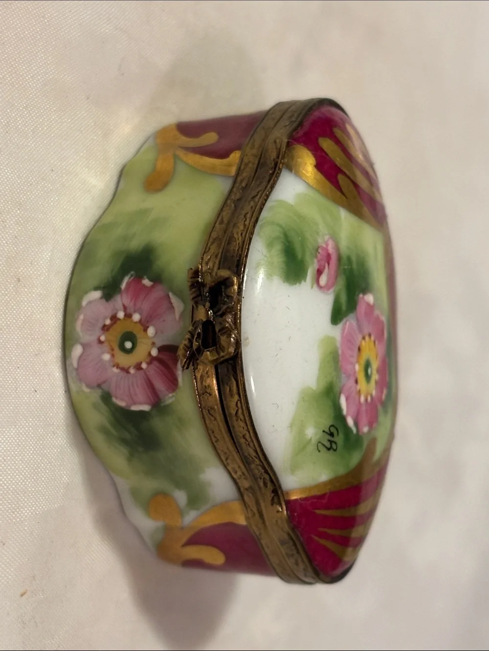 Vintage Limoges France Porcelain Floral Jewelry Trinket Box - Pink and Green